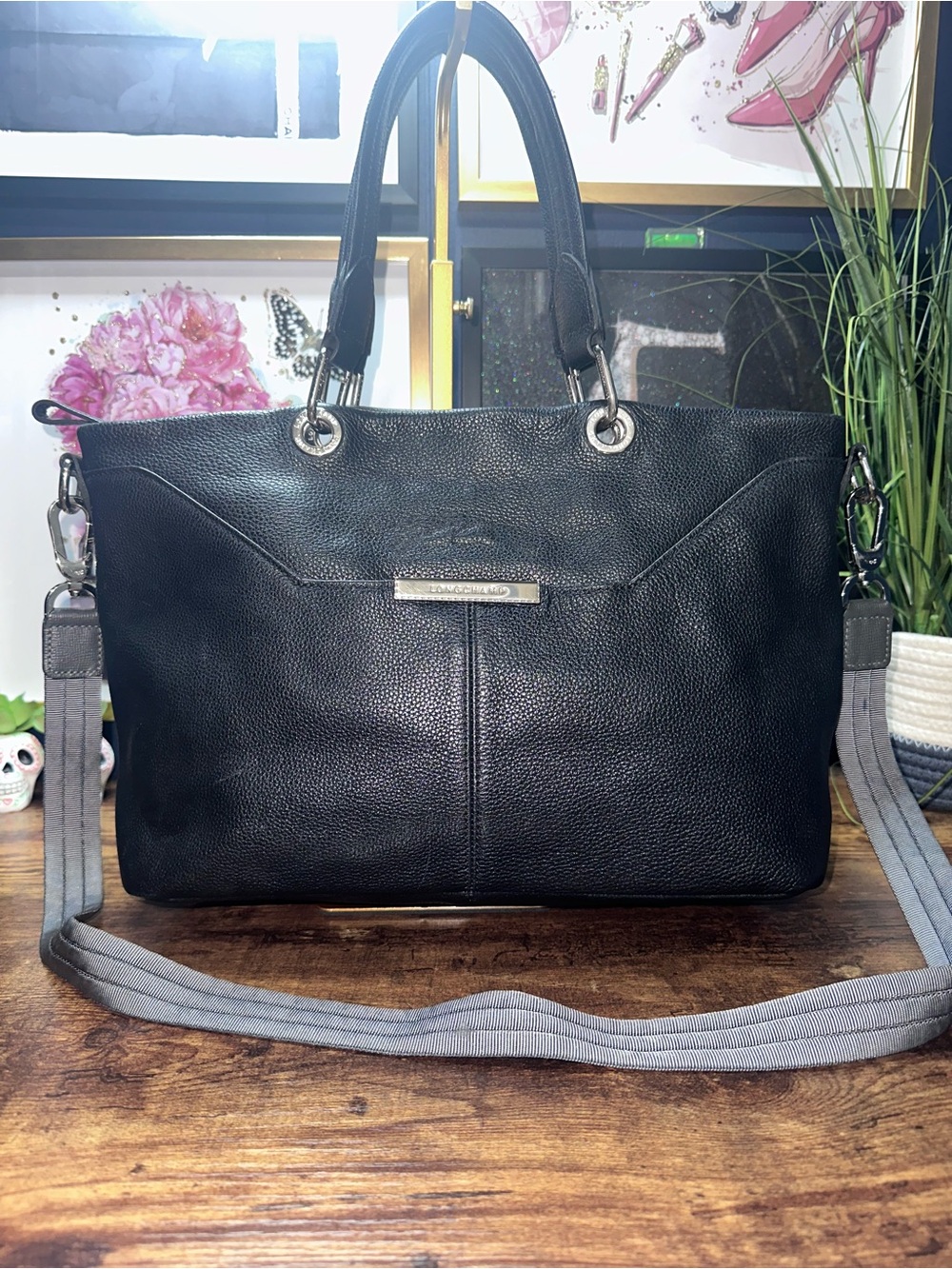 Longchamp Black Pebbled Leather Tote Bag